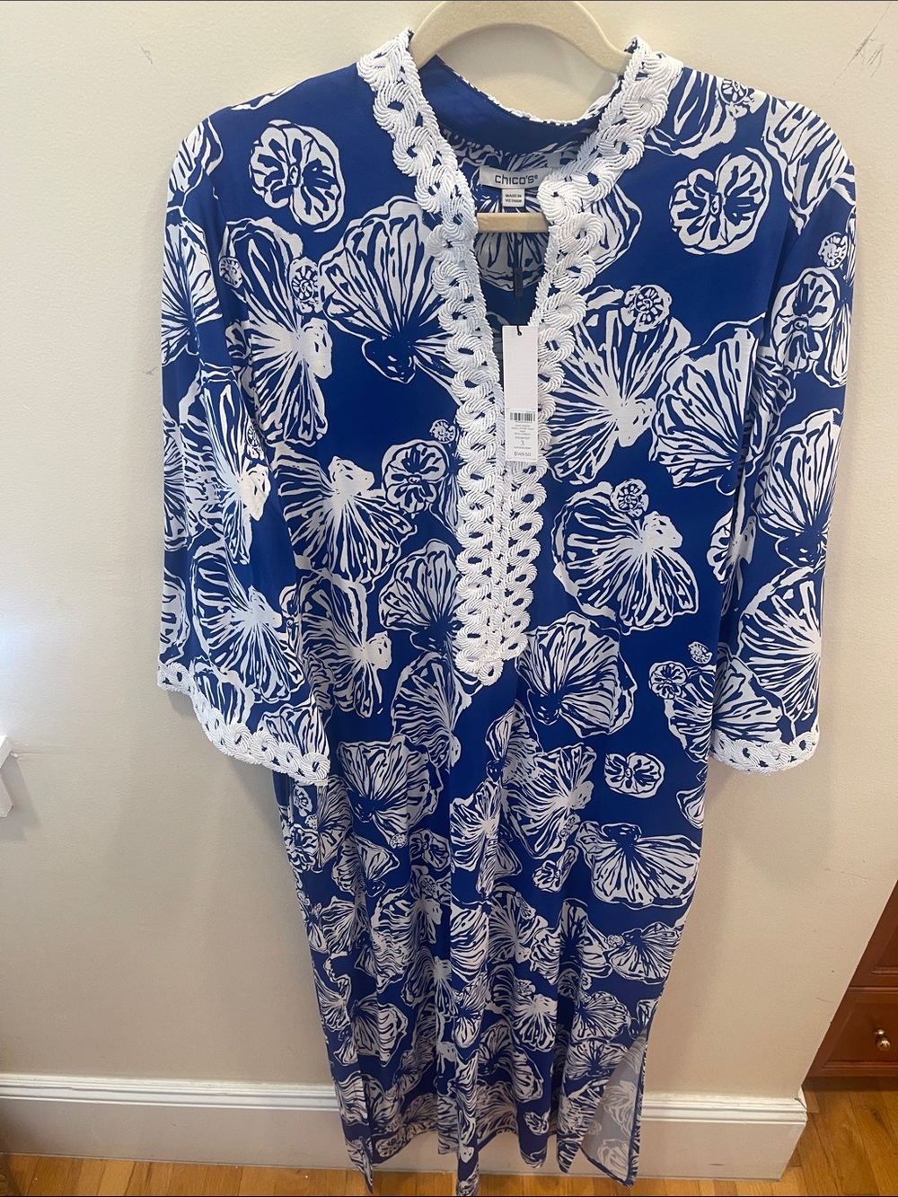 Chico's Navy and White Floral Lace-Trim Maxi Dress